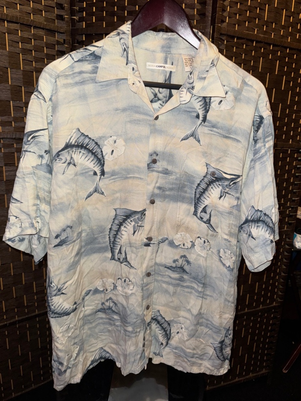 Men's Blue Fish-Print Short Sleeve Button-Down Shirt